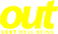 OUT LGBTI Centre logo in yellow.